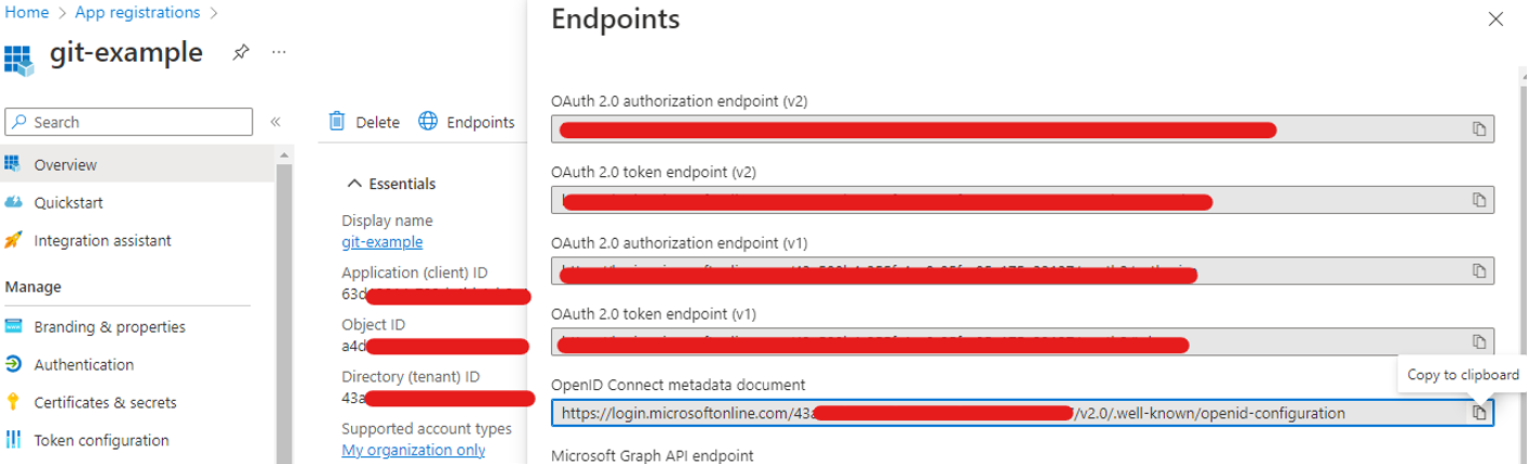 Azure screenshot showing the metadata document of the endpoints