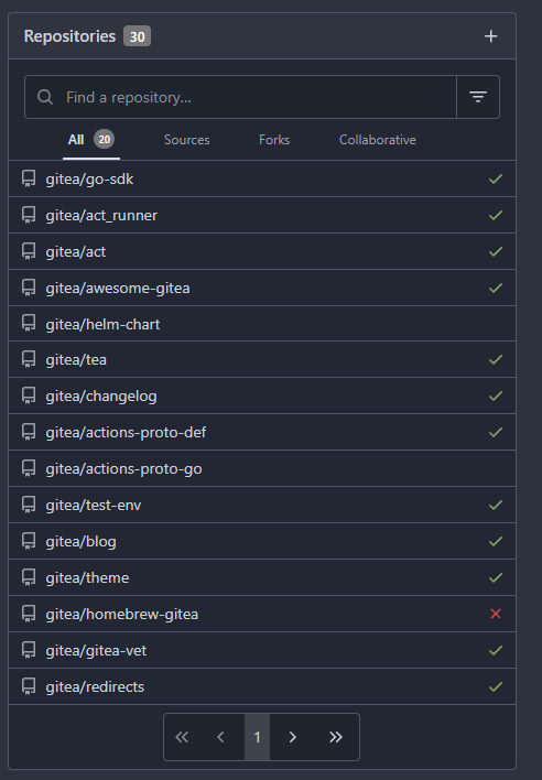 A list showing repositories and their latest status