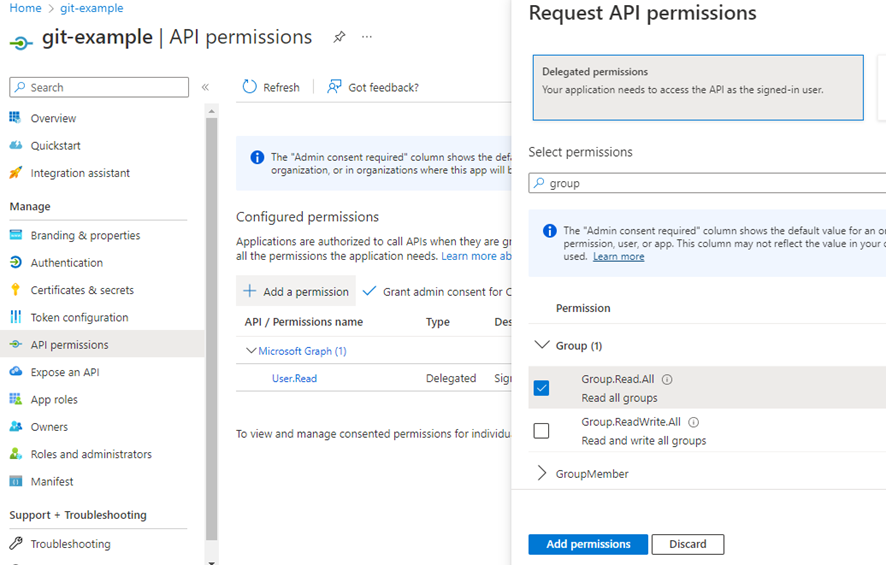Azure screenshot adding a new delegated permission